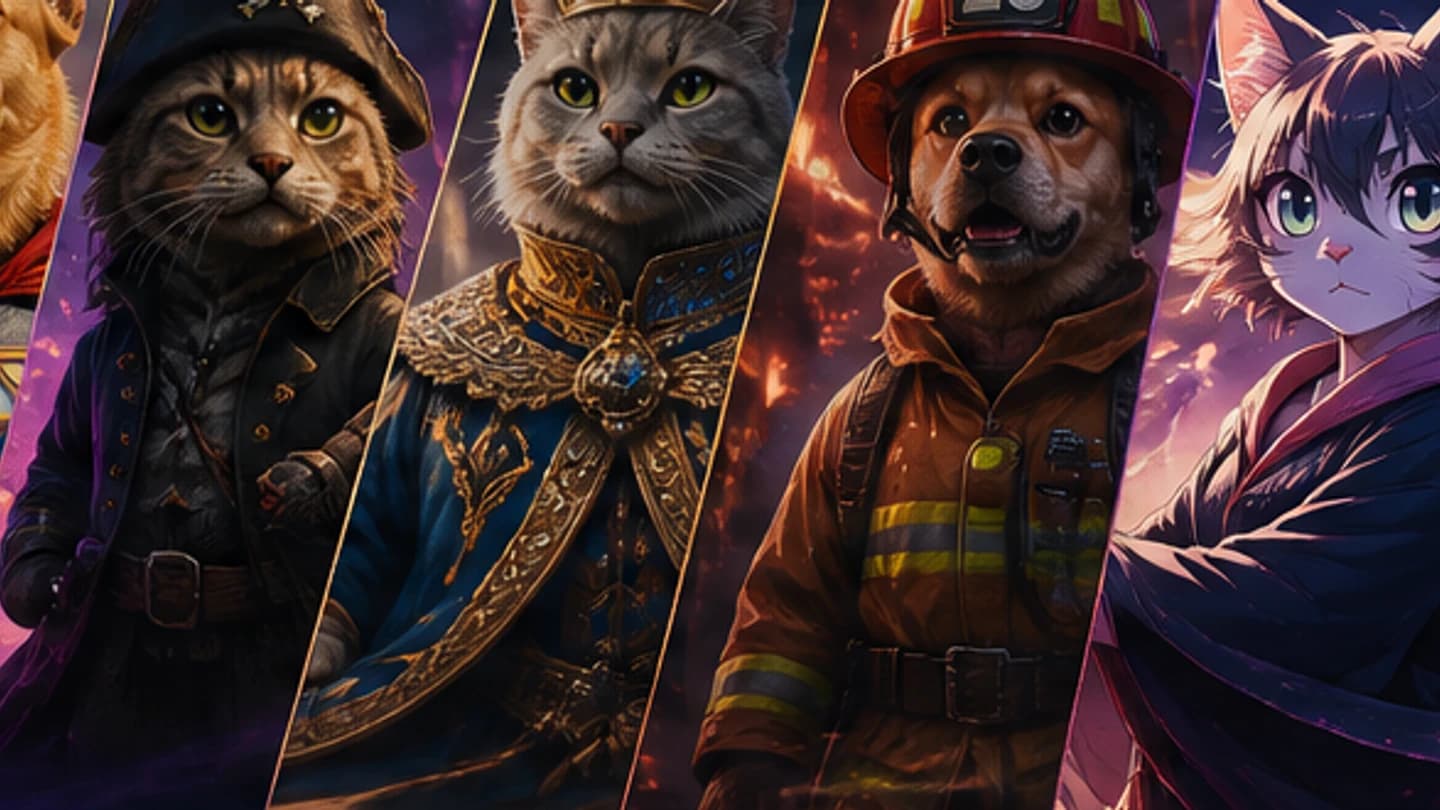 A lineup of pets transformed into pirate, royal, firefighter, and anime characters